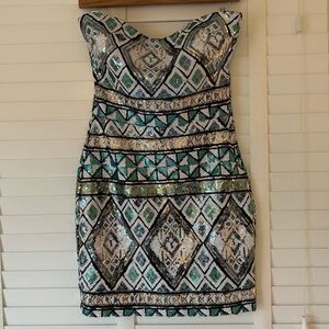 Body Central Dress Mini Multicolor Geometric Sequins Teal Party Strapless Small